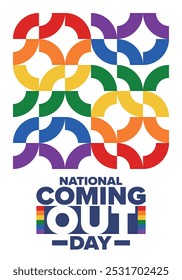 National Coming Out Day. Pride month. LGBT rainbow flag. Happy holiday. Diversity and equality. Gay and lesbian. Free love, heart shape. Illustration. Vector poster