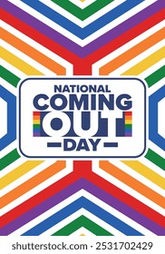 National Coming Out Day. Pride month. LGBT rainbow flag. Happy holiday. Diversity and equality. Gay and lesbian. Free love, heart shape. Illustration. Vector poster