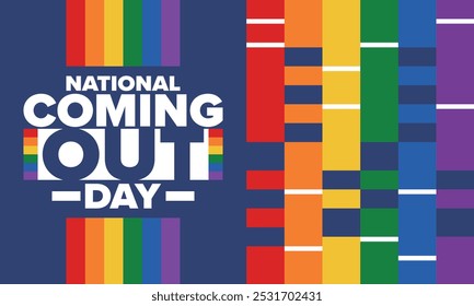 National Coming Out Day. Pride month. LGBT rainbow flag. Happy holiday. Diversity and equality. Gay and lesbian. Free love, heart shape. Illustration. Vector poster