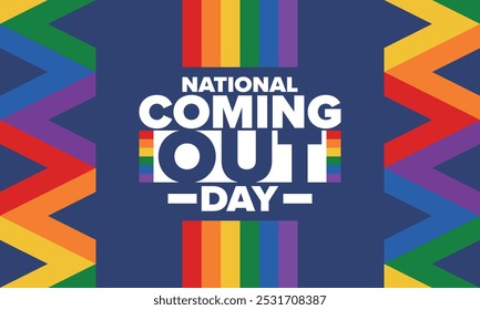 National Coming Out Day. Pride month. LGBT rainbow flag. Happy holiday. Diversity and equality. Gay and lesbian. Free love, heart shape. Illustration. Vector poster