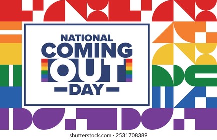 National Coming Out Day. Pride month. LGBT rainbow flag. Happy holiday. Diversity and equality. Gay and lesbian. Free love, heart shape. Illustration. Vector poster