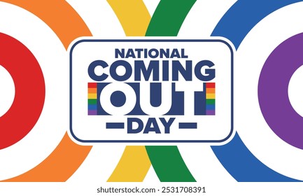 National Coming Out Day. Pride month. LGBT rainbow flag. Happy holiday. Diversity and equality. Gay and lesbian. Free love, heart shape. Illustration. Vector poster