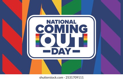 National Coming Out Day. Pride month. LGBT rainbow flag. Happy holiday. Diversity and equality. Gay and lesbian. Free love, heart shape. Illustration. Vector poster