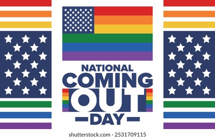 National Coming Out Day. Pride month. LGBT rainbow flag. Happy holiday. Diversity and equality. Gay and lesbian. Free love, heart shape. Illustration. Vector poster