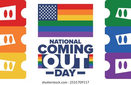 National Coming Out Day. Pride month. LGBT rainbow flag. Happy holiday. Diversity and equality. Gay and lesbian. Free love, heart shape. Illustration. Vector poster