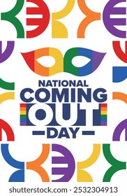 National Coming Out Day. Pride month. LGBT rainbow flag. Happy holiday. Diversity and equality. Gay and lesbian. Free love, heart shape. Illustration. Vector poster