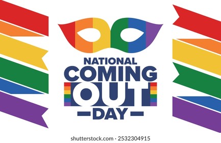 National Coming Out Day. Pride month. LGBT rainbow flag. Happy holiday. Diversity and equality. Gay and lesbian. Free love, heart shape. Illustration. Vector poster