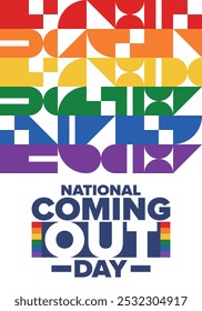 National Coming Out Day. Pride month. LGBT rainbow flag. Happy holiday. Diversity and equality. Gay and lesbian. Free love, heart shape. Illustration. Vector poster