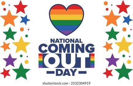 National Coming Out Day. Pride month. LGBT rainbow flag. Happy holiday. Diversity and equality. Gay and lesbian. Free love, heart shape. Illustration. Vector poster