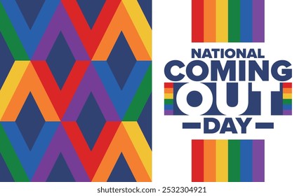 National Coming Out Day. Pride month. LGBT rainbow flag. Happy holiday. Diversity and equality. Gay and lesbian. Free love, heart shape. Illustration. Vector poster