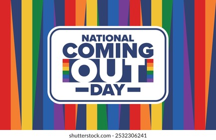 National Coming Out Day. Pride month. LGBT rainbow flag. Happy holiday. Diversity and equality. Gay and lesbian. Free love, heart shape. Illustration. Vector poster