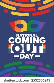 National Coming Out Day. Pride month. LGBT rainbow flag. Happy holiday. Diversity and equality. Gay and lesbian. Free love, heart shape. Illustration. Vector poster