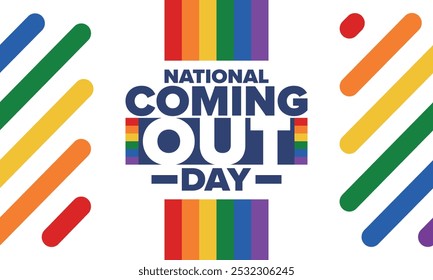 National Coming Out Day. Pride month. LGBT rainbow flag. Happy holiday. Diversity and equality. Gay and lesbian. Free love, heart shape. Illustration. Vector poster