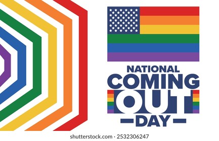 National Coming Out Day. Pride month. LGBT rainbow flag. Happy holiday. Diversity and equality. Gay and lesbian. Free love, heart shape. Illustration. Vector poster