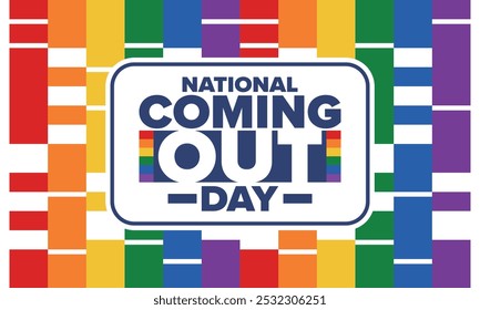 National Coming Out Day. Pride month. LGBT rainbow flag. Happy holiday. Diversity and equality. Gay and lesbian. Free love, heart shape. Illustration. Vector poster