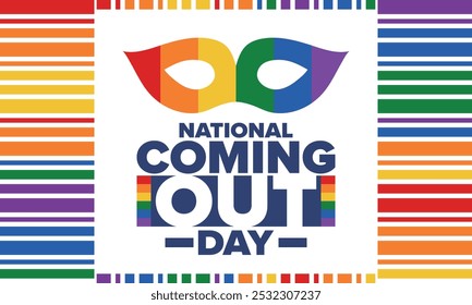 National Coming Out Day. Pride month. LGBT rainbow flag. Happy holiday. Diversity and equality. Gay and lesbian. Free love, heart shape. Illustration. Vector poster