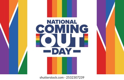 National Coming Out Day. Pride month. LGBT rainbow flag. Happy holiday. Diversity and equality. Gay and lesbian. Free love, heart shape. Illustration. Vector poster