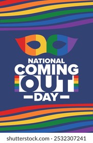 National Coming Out Day. Pride month. LGBT rainbow flag. Happy holiday. Diversity and equality. Gay and lesbian. Free love, heart shape. Illustration. Vector poster