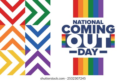 National Coming Out Day. Pride month. LGBT rainbow flag. Happy holiday. Diversity and equality. Gay and lesbian. Free love, heart shape. Illustration. Vector poster