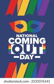 National Coming Out Day. Pride month. LGBT rainbow flag. Happy holiday. Diversity and equality. Gay and lesbian. Free love, heart shape. Illustration. Vector poster