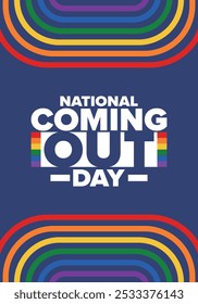 National Coming Out Day. Pride month. LGBT rainbow flag. Happy holiday. Diversity and equality. Gay and lesbian. Free love, heart shape. Illustration. Vector poster