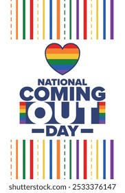 National Coming Out Day. Pride month. LGBT rainbow flag. Happy holiday. Diversity and equality. Gay and lesbian. Free love, heart shape. Illustration. Vector poster