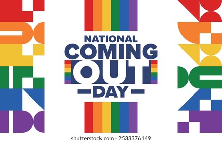 National Coming Out Day. Pride month. LGBT rainbow flag. Happy holiday. Diversity and equality. Gay and lesbian. Free love, heart shape. Illustration. Vector poster