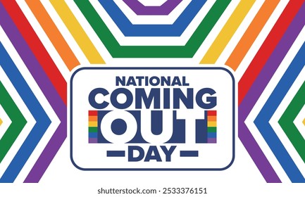 National Coming Out Day. Pride month. LGBT rainbow flag. Happy holiday. Diversity and equality. Gay and lesbian. Free love, heart shape. Illustration. Vector poster