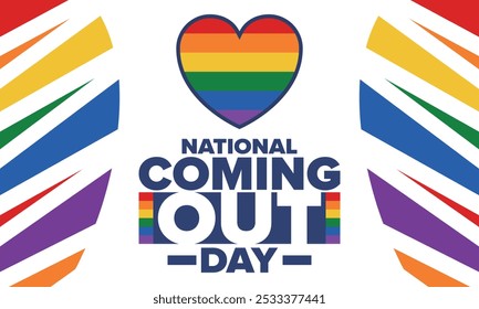 National Coming Out Day. Pride month. LGBT rainbow flag. Happy holiday. Diversity and equality. Gay and lesbian. Free love, heart shape. Illustration. Vector poster