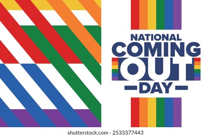 National Coming Out Day. Pride month. LGBT rainbow flag. Happy holiday. Diversity and equality. Gay and lesbian. Free love, heart shape. Illustration. Vector poster