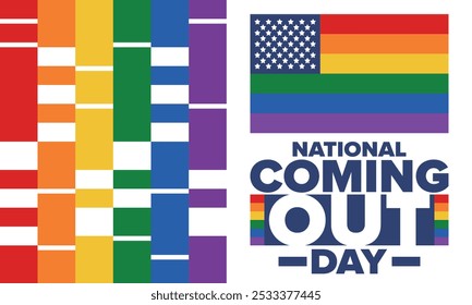 National Coming Out Day. Pride month. LGBT rainbow flag. Happy holiday. Diversity and equality. Gay and lesbian. Free love, heart shape. Illustration. Vector poster