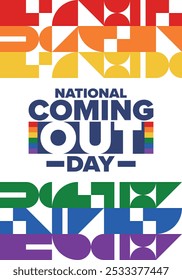 National Coming Out Day. Pride month. LGBT rainbow flag. Happy holiday. Diversity and equality. Gay and lesbian. Free love, heart shape. Illustration. Vector poster