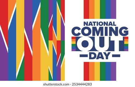 National Coming Out Day. Pride month. LGBT rainbow flag. Happy holiday. Diversity and equality. Gay and lesbian. Free love, heart shape. Illustration. Vector poster