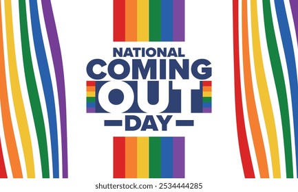 National Coming Out Day. Pride month. LGBT rainbow flag. Happy holiday. Diversity and equality. Gay and lesbian. Free love, heart shape. Illustration. Vector poster