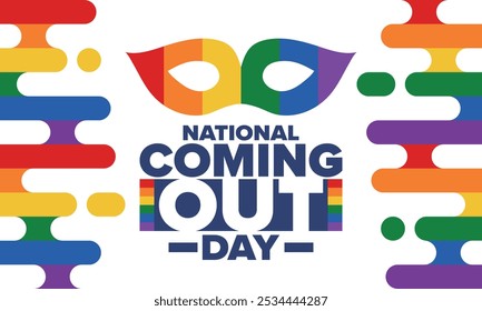 National Coming Out Day. Pride month. LGBT rainbow flag. Happy holiday. Diversity and equality. Gay and lesbian. Free love, heart shape. Illustration. Vector poster