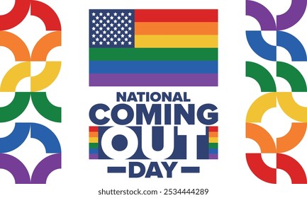 National Coming Out Day. Pride month. LGBT rainbow flag. Happy holiday. Diversity and equality. Gay and lesbian. Free love, heart shape. Illustration. Vector poster