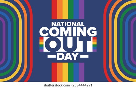 National Coming Out Day. Pride month. LGBT rainbow flag. Happy holiday. Diversity and equality. Gay and lesbian. Free love, heart shape. Illustration. Vector poster