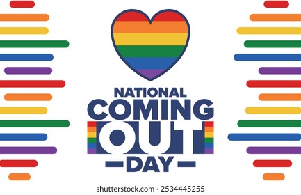 National Coming Out Day. Pride month. LGBT rainbow flag. Happy holiday. Diversity and equality. Gay and lesbian. Free love, heart shape. Illustration. Vector poster