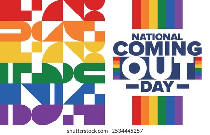 National Coming Out Day. Pride month. LGBT rainbow flag. Happy holiday. Diversity and equality. Gay and lesbian. Free love, heart shape. Illustration. Vector poster