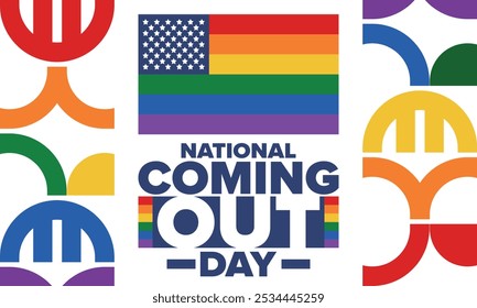 National Coming Out Day. Pride month. LGBT rainbow flag. Happy holiday. Diversity and equality. Gay and lesbian. Free love, heart shape. Illustration. Vector poster