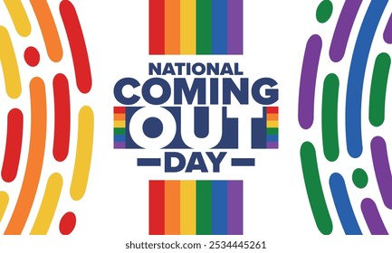 National Coming Out Day. Pride month. LGBT rainbow flag. Happy holiday. Diversity and equality. Gay and lesbian. Free love, heart shape. Illustration. Vector poster