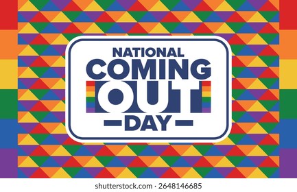 National Coming Out Day. Pride month. LGBT rainbow flag. Happy holiday. Diversity and equality. Gay and lesbian. Free love, heart shape. Illustration. Vector poster