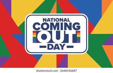 National Coming Out Day. Pride month. LGBT rainbow flag. Happy holiday. Diversity and equality. Gay and lesbian. Free love, heart shape. Illustration. Vector poster