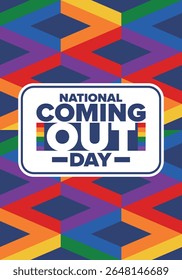 National Coming Out Day. Pride month. LGBT rainbow flag. Happy holiday. Diversity and equality. Gay and lesbian. Free love, heart shape. Illustration. Vector poster