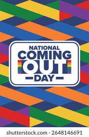 National Coming Out Day. Pride month. LGBT rainbow flag. Happy holiday. Diversity and equality. Gay and lesbian. Free love, heart shape. Illustration. Vector poster