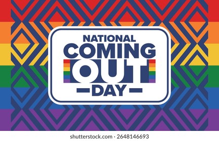 National Coming Out Day. Pride month. LGBT rainbow flag. Happy holiday. Diversity and equality. Gay and lesbian. Free love, heart shape. Illustration. Vector poster