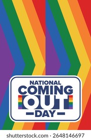 National Coming Out Day. Pride month. LGBT rainbow flag. Happy holiday. Diversity and equality. Gay and lesbian. Free love, heart shape. Illustration. Vector poster