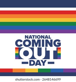 National Coming Out Day. Pride month. LGBT rainbow flag. Happy holiday. Diversity and equality. Gay and lesbian. Free love, heart shape. Illustration. Vector poster