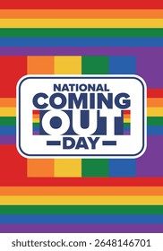 National Coming Out Day. Pride month. LGBT rainbow flag. Happy holiday. Diversity and equality. Gay and lesbian. Free love, heart shape. Illustration. Vector poster