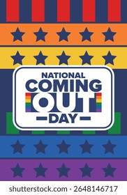 National Coming Out Day. Pride month. LGBT rainbow flag. Happy holiday. Diversity and equality. Gay and lesbian. Free love, heart shape. Illustration. Vector poster